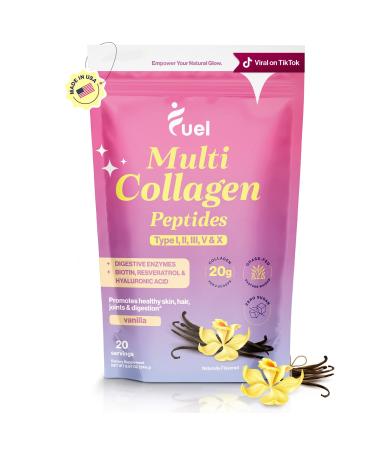 Fuel Multi Collagen Peptides Powder 20g Hydrolyzed Collagen I II III V & X for Hair Skin Nails & Joint Support Better Absorption Keto & Gluten Free French Vanila 8.67oz French Vanilla 8.67 Ounce (Pack of 1)
