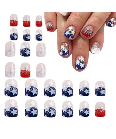 Flag Fake Nails - Short Square Flag Fake Nails 4th Of July Cute Nails Stick On Nails Stars And Stripes Patriotic