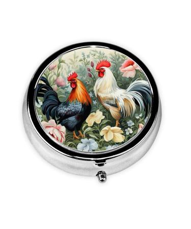 Pill Box 3 Compartment Medicine Pill Organizer Rooster Round Pill Case for Purse & Pocket Travel Pillbox Portable Metal Medicine Vitamin Fish Oil Organizer Unique Gift One Size Rooster