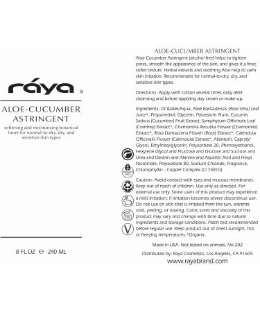 RAYA Aloe Cucumber Astringent 16 oz | Gentle Facial Toner for Dry & Sensitive Skin | Pore Tightening & Smoothing | Refines & Soothes Complexion | Ideal Pre-Makeup Skin Care - Buy Online on GoSupps.com