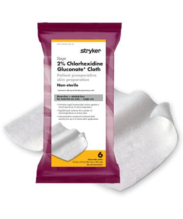 Stryker 2% Chlorhexidine Gluconate (CHG) Cloths - 6pk - Antiseptic Skin Cleansing Before Surgery (6 cloths/pk, 1 package)