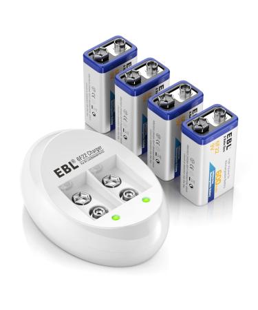 EBL 4-Pack 9V Batteries Li-ion 9 Volt Rechargeable Batteries with 9V Battery Charger
