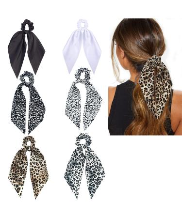 Funlovin Scrunchies Scarf Hair Ribbon Ties Black White 2 in 1 Chiffon/Silk Ponytail Scarves Scrunchie Long Tail Bowknot Hair Elastic Vintage Solid Color/Floral/Cheetah-print Scrunchy for Women(6pcs) Style 1
