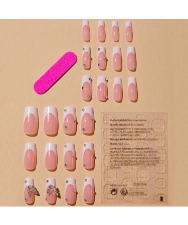 French Tip Press-On Nails | Medium Long Square Fake Nails | White Pink Bare Ballerina | Rhinestone Butterfly for Weddings & Birthdays - Buy Online on GoSupps.com