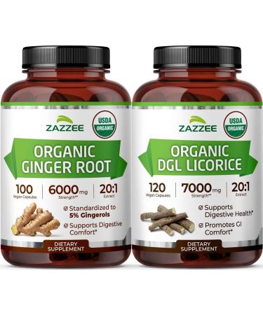 Zazzee USDA Organic Gut Health Support Bundle | 20:1 DGL Licorice Root Plus 20:1 Ginger Root Capsules | Non-GMO Vegan & ISO Lab Tested