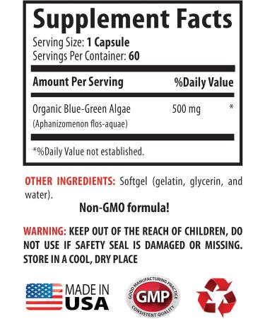 Pure Herbal Supplement - Klamath Blue Green Algae 500mg - Increase Energy Levels Improve Digestion and Enhance Immune System spirulina chlorella Klamath Blue Green Algae Powder - 1B 60 Capsules - Buy Online on GoSupps.com