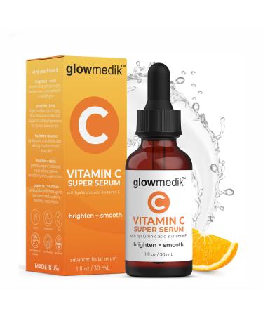 GlowMedik Vitamin C Serum for Face Brightens Dark Spots + Evens Skin Tone with Hyaluronic Acid, Vitamin E & MSM, Hydrates & Firms for a Youthful-Looking, Age-Defying Glow, 30ml 1.01 fl oz 1 Fl Oz (Pack of 1)