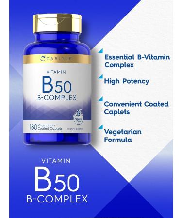 Carlyle Vitamin B50 Complex Supplement | 180 Caplets | Non-GMO, Vegetarian, Gluten Free - Buy Online on GoSupps.com
