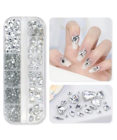 GAOY White Rhinestones for Nails  1180 Pcs Nail Gems for Craft  12 Styles Clear 3D Multi Shapes and Round Flat Back Crystal Jewels Decorate DIY Set Clear White