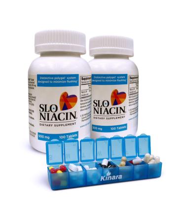 Slo Niacin 500mg Flush Free 100 Capsules/Tablets 2-PACK, Vitamin B3, Heart Health, Nutritional Health, Energy Production, Nervous System Support, Circulation, Blood Pressure, Skin WITH Kinara Pill Box
