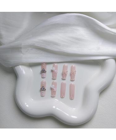 Long Pink Coffin Press On Nails with 3D Butterfly & Flower Designs - 24Pcs French Tip False Nails for Women - Buy Online on GoSupps.com