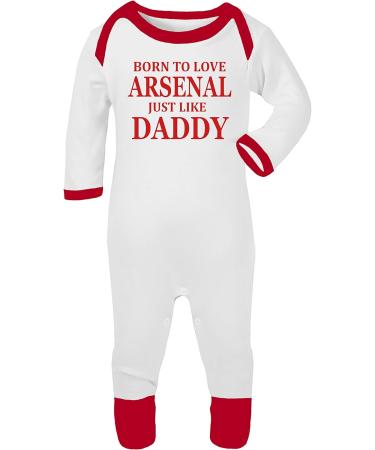 Born To Love Arsenal Just Like Daddy Baby Sleepsuit | 3-6 Months | UK Printed | 100% Combed Cotton | White/Red Trim - Buy Online on GoSupps.com