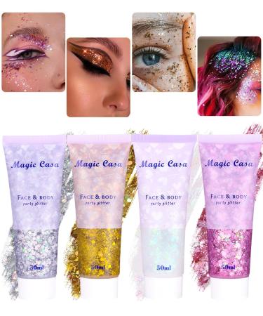Tidevan 4 piece body glitter gel 50ml make -up glitter chunky glitter Liquid glitter face festival glitter face glitter more fluid for face hair lips nails make -up cosmetics festival party silver+gold+pink+white - Buy Online on GoSupps.com