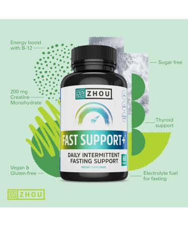 Zhou Fast Support+ | Intermittent Fasting Supplement with Vitamin B12 Electrolytes & Creatine | 60 Veg Caps for Energy & Performance - Buy Online on GoSupps.com