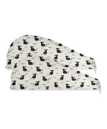 Black Cat Dry Hair Cap 2 Piece Quick Drying Towel Set with Button Headband Super Absorbent Soft & Comfortable