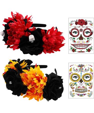 FRCOLOR 2Pcs Day of The Dead Headband with Mexican Flower Crown and Halloween Tattoos - Red and Orange - Buy Online on GoSupps.com