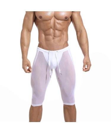 Doomiva Men's Mesh See Through Yoga Pants Compression Leggings Gym Fitness Workout Drawstring Tights White B X-Large