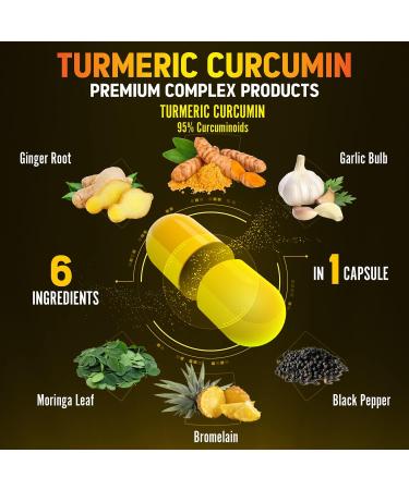 6-in-1 Turmeric Curcumin + Ginger Capsules | 95% Curcuminoids | Joint Support & Absorption | 13050mg Equivalent | with Garlic, Bromelain, Moringa & Black Pepper - Buy Online on GoSupps.com