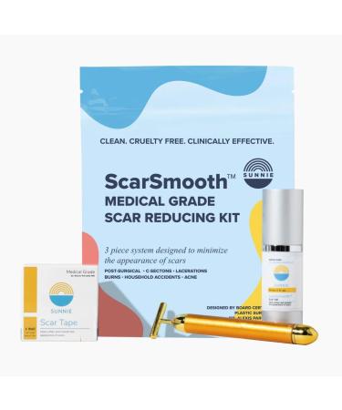 SUNNIE ScarSmooth Pro Scar Reducing Kit - Incl. Advanced Scar Gel 30ML Medical Grade Silicone Scar Tape (1.6 x 60) & 24K Gold Vibrating Beauty Bar for Fading Post-Surgery C-Section and Burn Scars