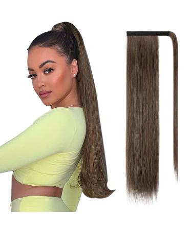 FESHFEN 24" Long Straight Wrap around Ponytail Extensions Synthetic Clip in Ponytail Hair Extensions Hairpiece for Women 24 Inch (Pack of 1) 4/27# Dark Browm & Caramel