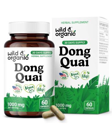 Wild & Organic Dong Quai Capsules 1000 mg - Menopause Supplements for Women - Dong Quai Root Supplement - 30-Day Supply - Traditional Angelica Sinensis Herb - Non-GMO Vegan - 60 Count 60 Count (Pack of 1)