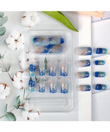 Medium Blue Press-On Nails with Gold Foil & Sea Designs | Reusable Square False Nails | 24PCS Gradient Acrylic Fake Nails for Women - Buy Online on GoSupps.com