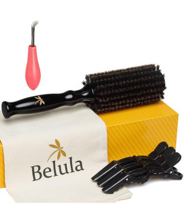Belula 100% Soft Boar Bristle Round Brush for Blow Drying Set. Round Hair Brush With Medium 2.1  Wooden Barrel. Hairbrush Ideal to Add Volume and Body. Free 3 x Hair Clips & Travel Bag. Medium Barrel 2.1