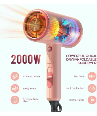 Pretfy 2000W Travel Hair Dryer with Diffuser - Lightweight Ionic Blow Dryer | 2 Speeds & 3 Heat Settings - Pink - Buy Online on GoSupps.com