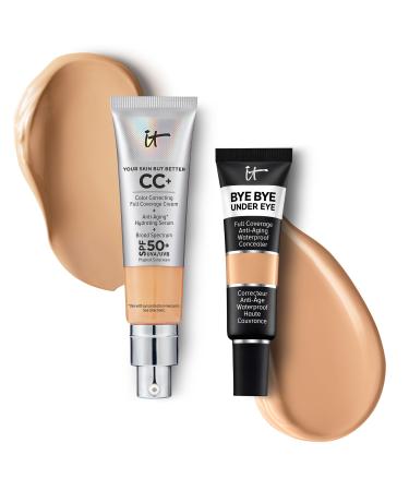 IT Cosmetics CC+ Cream with SPF 50+ Natural Finish Full Coverage Foundation (Medium Tan - 1.08 fl oz) & Bye Bye Undereye Concealer Anti-Aging Makeup (25.0 Medium Natural - 0.4 fl oz)