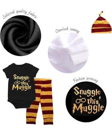 Baby Boys Girls Snuggle This Muggle Bodysuit Set 6-9 Months | Black Short Sleeve Outfit with Striped Pants & Hat - Buy Online on GoSupps.com