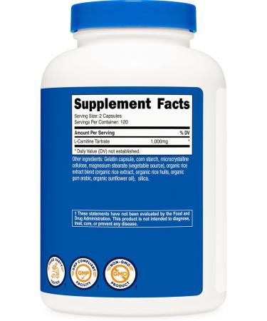 Nutricost L-Carnitine Tartrate 1 000mg 240 Capsules - 500mg Per Capsule 120 Servings (Pack of 2) - Buy Online on GoSupps.com