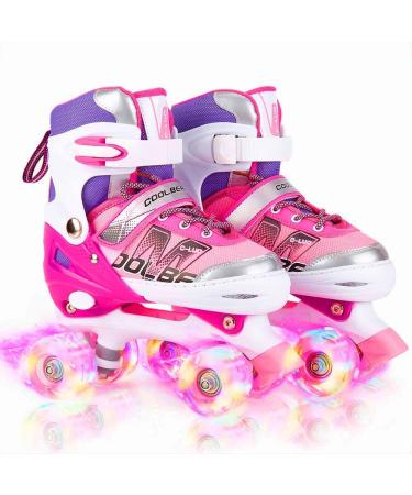 Sowume Adjustable Roller Skates for Girls and Women, All 8 Wheels of Girl's Skates Shine, Safe and Fun Illuminating for Kids A-Pink Medium-(13-3 US)