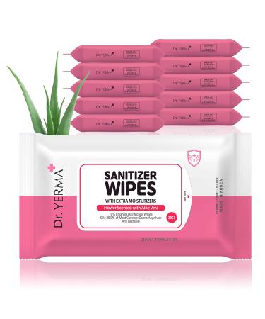 Dr. YERMA 70% Alcohol Hand Sanitizer Wipes with Aloe Vera & Extra Moisturizers 10 Packs of 20 (200 wipes) Travel Size Vegan Flower Scented FLOWER 10 Pack