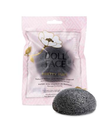 DOLL FACE Konjac Sponge | Natural Exfoliating and Facial Cleansing | Pre-moistened Bamboo Charcoal Pretty Puff | All Skin Types | 1 Piece