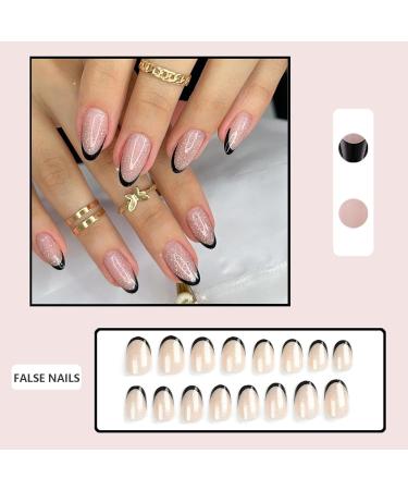 Stick On Nails French Nail Tips - 24 Pcs Short False Nails with Glue - Glitter Black Edge Almond Gel Press on Nails - Acrylic Stick on Nails for Women and Girls (Glitter Black Side) - Buy Online on GoSupps.com