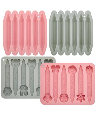 4 Pack Assorted Crayon Molds Cavity 3D Crayon Silicone Mold Triangular Crayon Molds Silicone Chocolate Making Molds for Wax Crayons Candle Melting Animal Flower Chocolate Pen Pencil Shapes Pink Gray