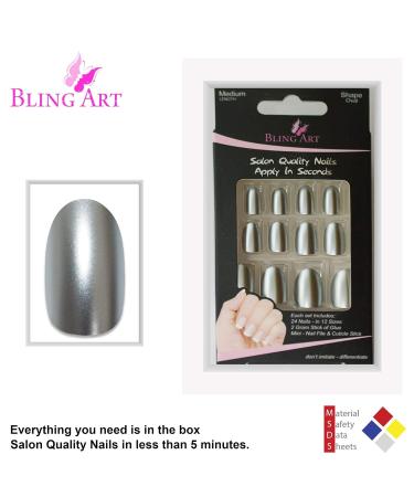 Shop Bling Art Silver Metallic Oval False Nails | 24 Medium Tips - International Shipping Available - Buy Online on GoSupps.com
