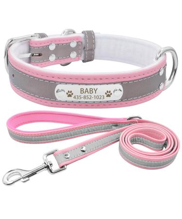 Senristar personalized reflective dog collar and leash set custom engraved warm food dog tape with name tag for small medium large dogs & cats XL (width 3.0 cm neck circumference 45-55 cm) pink set