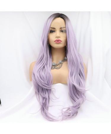 Soft Purple Wig Gradient Dark Root Two Tone Long Wave Heat Resistant Synthetic Lace Front Wig for Women Natural Hairline Girl Cosplay Replacement Synthetic Wig Drag Queen Side Part 22"