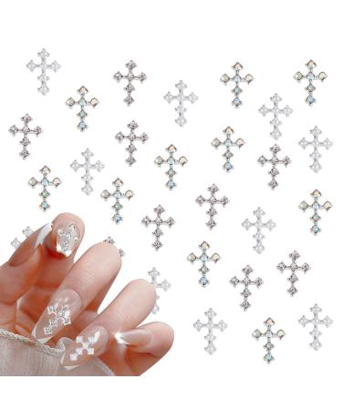 NICENEEDED 30Pcs Cross Nail Art Charms Silver Pearl Nail Rhinestones 3D Mini Nail Jewelry Antique Style Nail Art Accessories for Women Girls Design DIY style 1