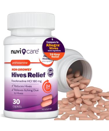 Hives Allergy Medicine for Adults and Children 12+ Fexofenadine 180mg 24 Hour Non Drowsy Antihistamine Formula Generic for Alegra Hives Nondrowsy Allergy Relief Tablets (30 Count) 30 Count (Pack of 1)