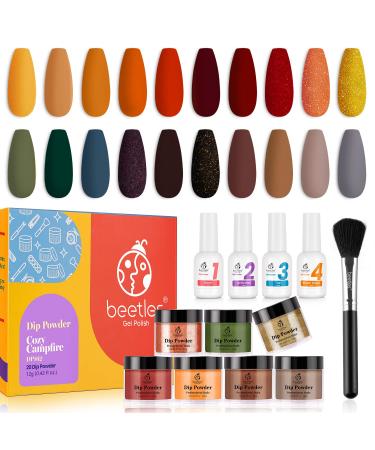 Beetles 20Pcs Dip Powder Nail Kit Starter, Cozy Campfire Collection Dipping Powder Set Fall Winter Orange Yellow Green for DIY Salon Nail Art Manicure with Base Top Coat Activator Brush Gift B-Cozy Campfire