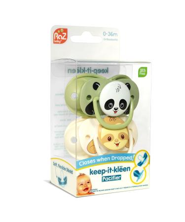 RaZbaby Keep-it-Kleen Baby Pacifier 2 Pack | Silicone Orthodontic Nipple | 0-36M | Closes Automatically | Panda/Sloth Design - Buy Online on GoSupps.com