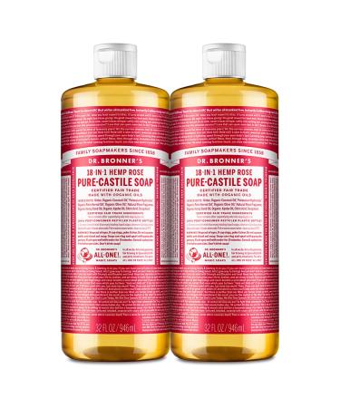 Dr. Bronner's - Pure-Castile Liquid Soap (Tea Tree) - Made with Organic Oils 18-in-1 Uses: Acne-Prone Skin Dandruff Laundry Pets and Dishes Concentrated Vegan Non-GMO Rose 32 Ounce (Pack of 2)