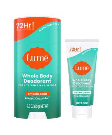 Lume Whole Body Deodorant - Invisible Cream Tube Mini and Solid Stick - 72 Hour Odor Control - Aluminum Free Baking Soda Free Skin Safe - 0.5 Oz Mini Tube + 2.6 Oz Solid Stick (Minted Cucumber)