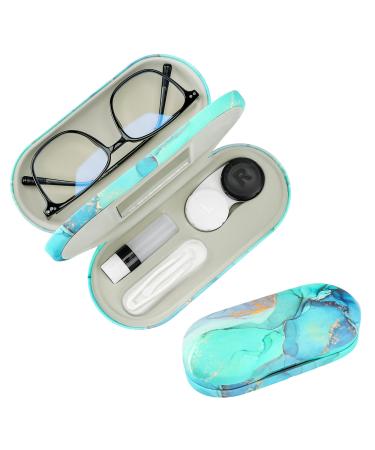 Zettokete 2-in-10 contact lens and glasses case double-sided double-sided with mirror tweezers and contact lens solution portable storage set for travel office (green marble))