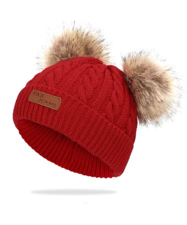 Baby Pom Pom Hat Infant Winter Hats Toddler Winter hat Crochet Fur Hairball Beanie Cap Baby Boys Girls Hat One Size Red