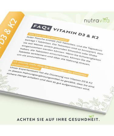 Premium Vitamin D3 & K2 Tablets - 240 High-Dose Vegetarian Tablets for Healthy Bones Muscles & Immune System - Nutravita Sonnenvitamine - Buy Online on GoSupps.com