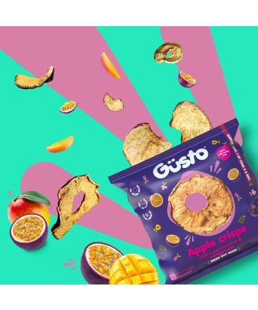GUSTO SNACKS Crunchy Apple Crisps with Passion Fruit Juice - Case of 12 (20g) - 100% Dried Fruit Snacks - No Added Sugar High in Fibre Vegan Vegetarian Low Calorie Gluten free Nut & Fat Free Passion fruit & Mango wonky Apple Crisps - Buy Online on GoSupps.com