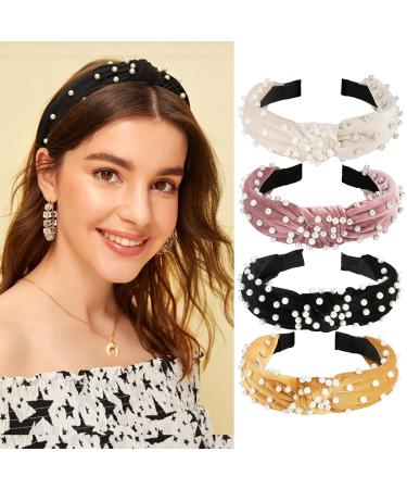 GORGOU 4 Pack Fashion Pearl Headbands for Women Knotted Wide Headband No Slip Head Bands Top Knot Head Wrap Fashion Turban Hair Hoops Hairband-Cute Velvet Hair Accessories for Womens and Girls Multi-colored